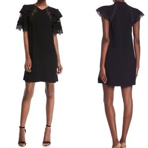Rebecca Taylor Black Short Sleeve A-Line Crepe Puff Ruffle Lace Dress Size 0